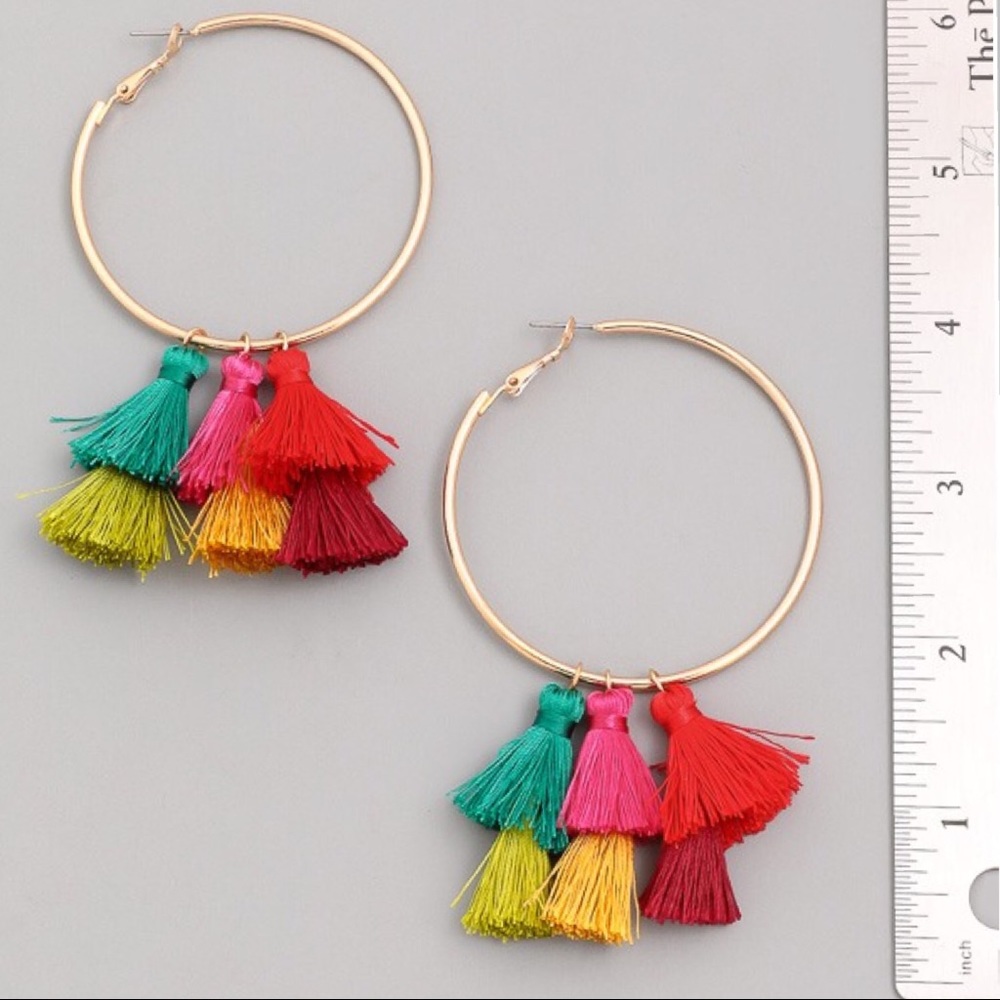 NEW! Vibrant Multicolor Tassel Hoop Earrings - Picture 3 of 3